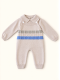 Salopette e maglia righe blu e beige