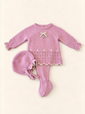 Completo tre pezzi rosa con bordatura e dettagli beige