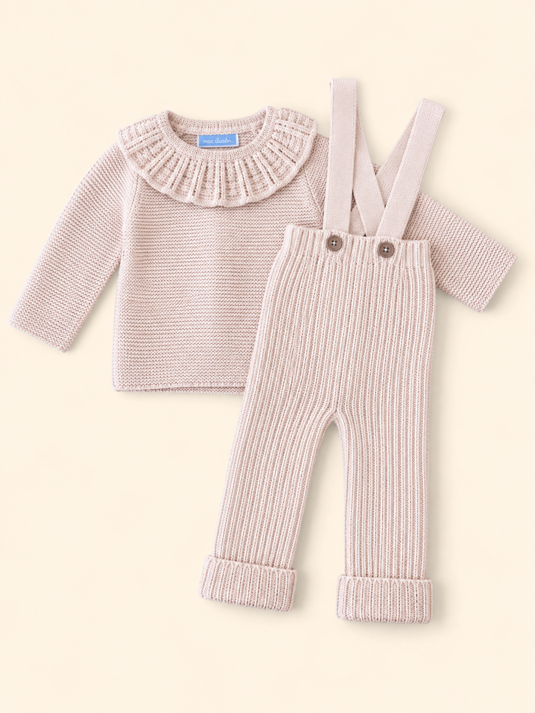 Set maglia e salopette beige